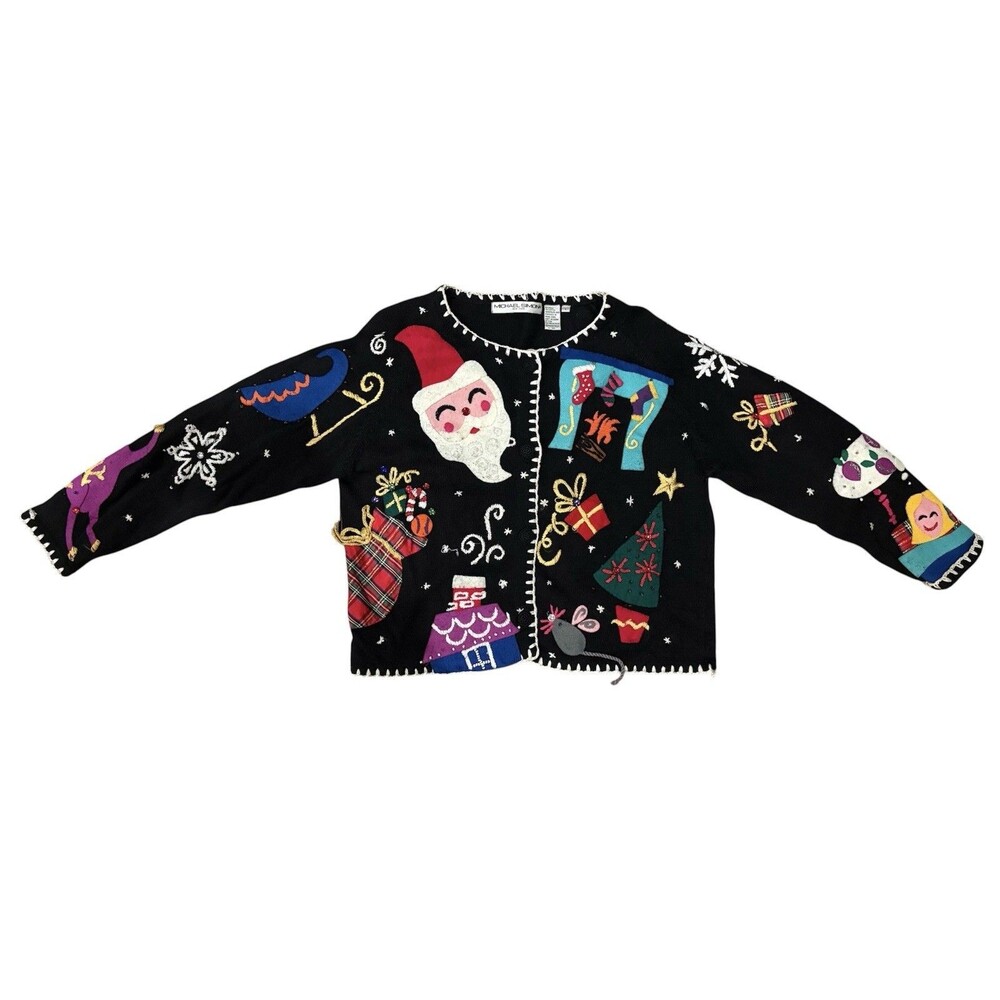 VTG 90s MICHAEL SIMON Christmas Cardigan Sweater Large Santa Fireplace Mouse